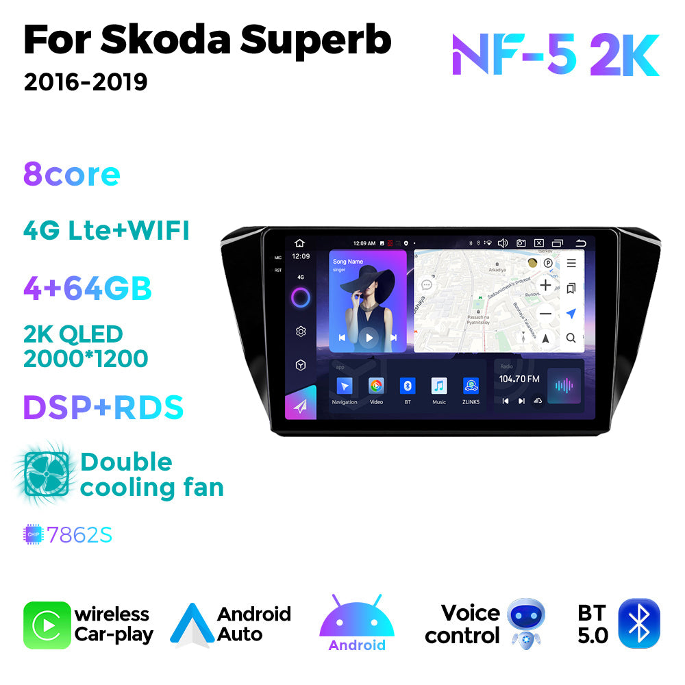 NaviFly NF Series Android 14 8G+256G 2K QLED screen CarPlay Auto DSP RDS 4GLte WIFI For Skoda Superb 2016-2019 10inch