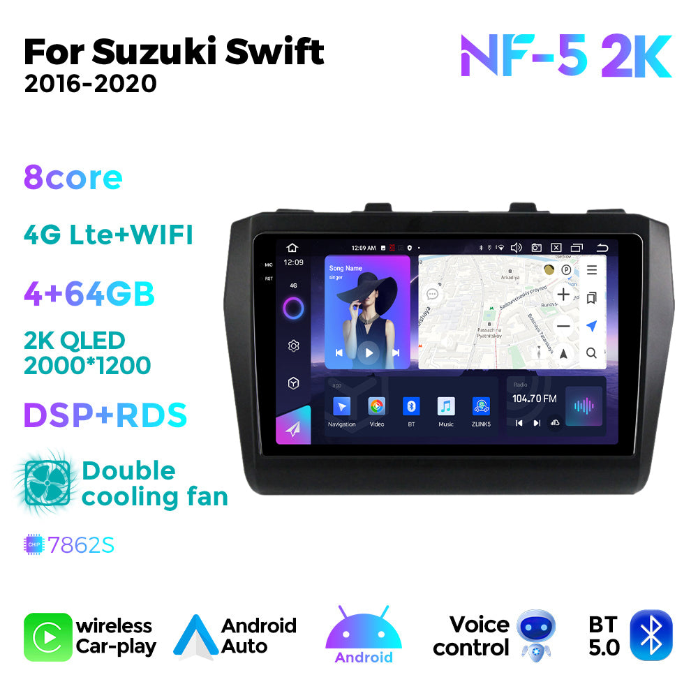NaviFly NF Series Android 14 8G+256G 2K QLED screen CarPlay Auto DSP RDS 4GLte WIFI For Suzuki Swift 2016-2020 9inch