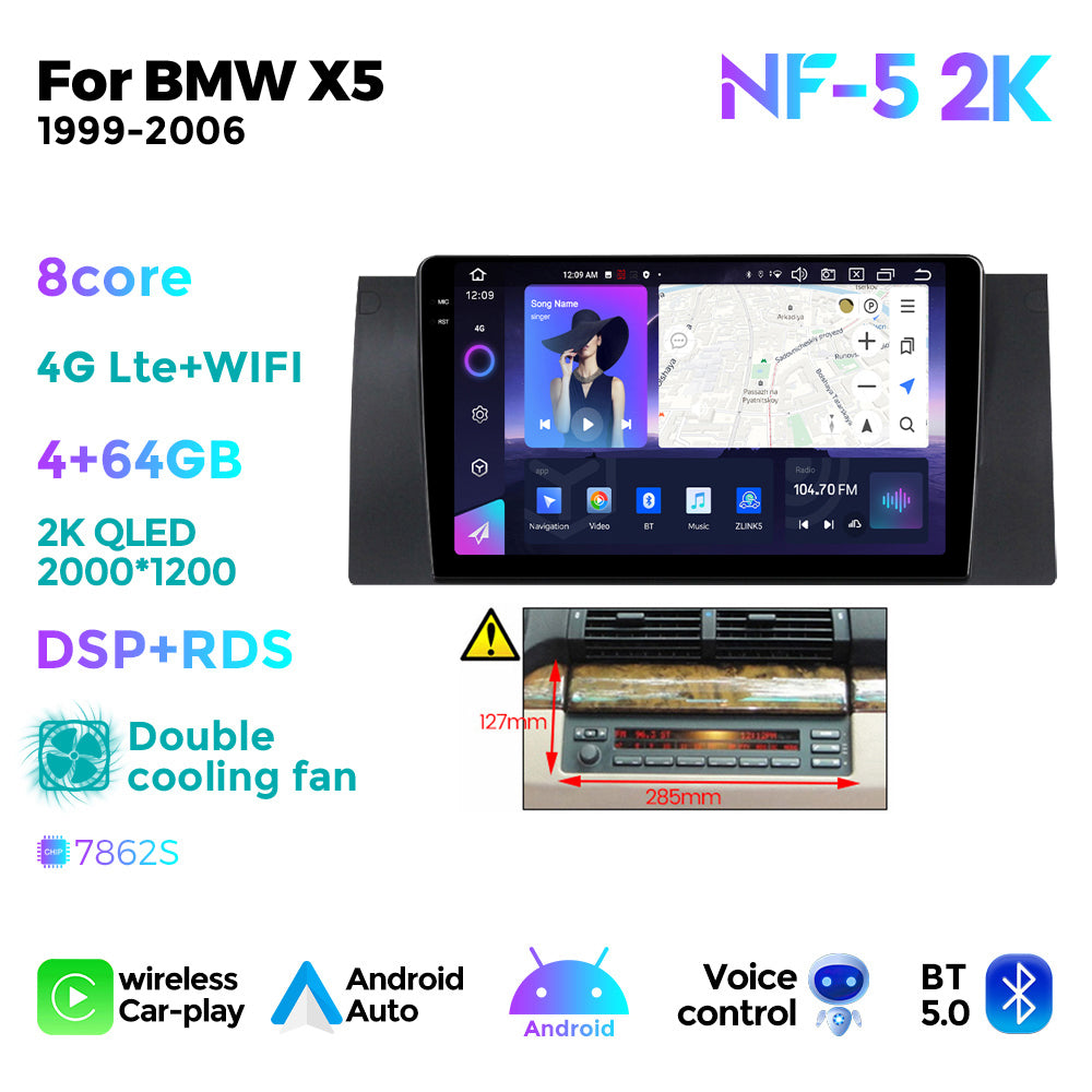 NaviFly NF Series Android 14 8G+256G 2K QLED screen CarPlay Auto DSP RDS 4GLte WIFI For BMW X5 1999-2006 (E39) 9inch