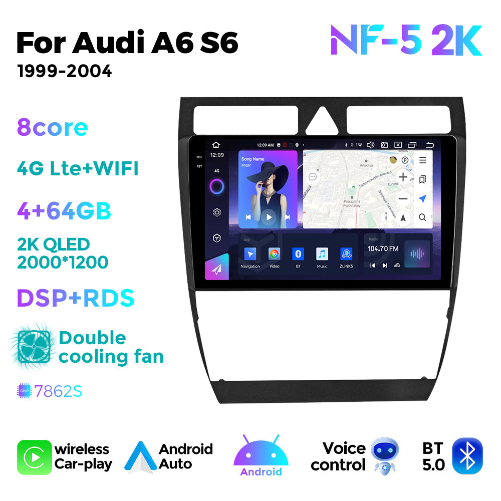 NaviFly NF Series Android 14 8G+256G 2K QLED screen CarPlay Auto DSP RDS 4GLte WIFI For Audi A6 S6 1999-2004 9inch