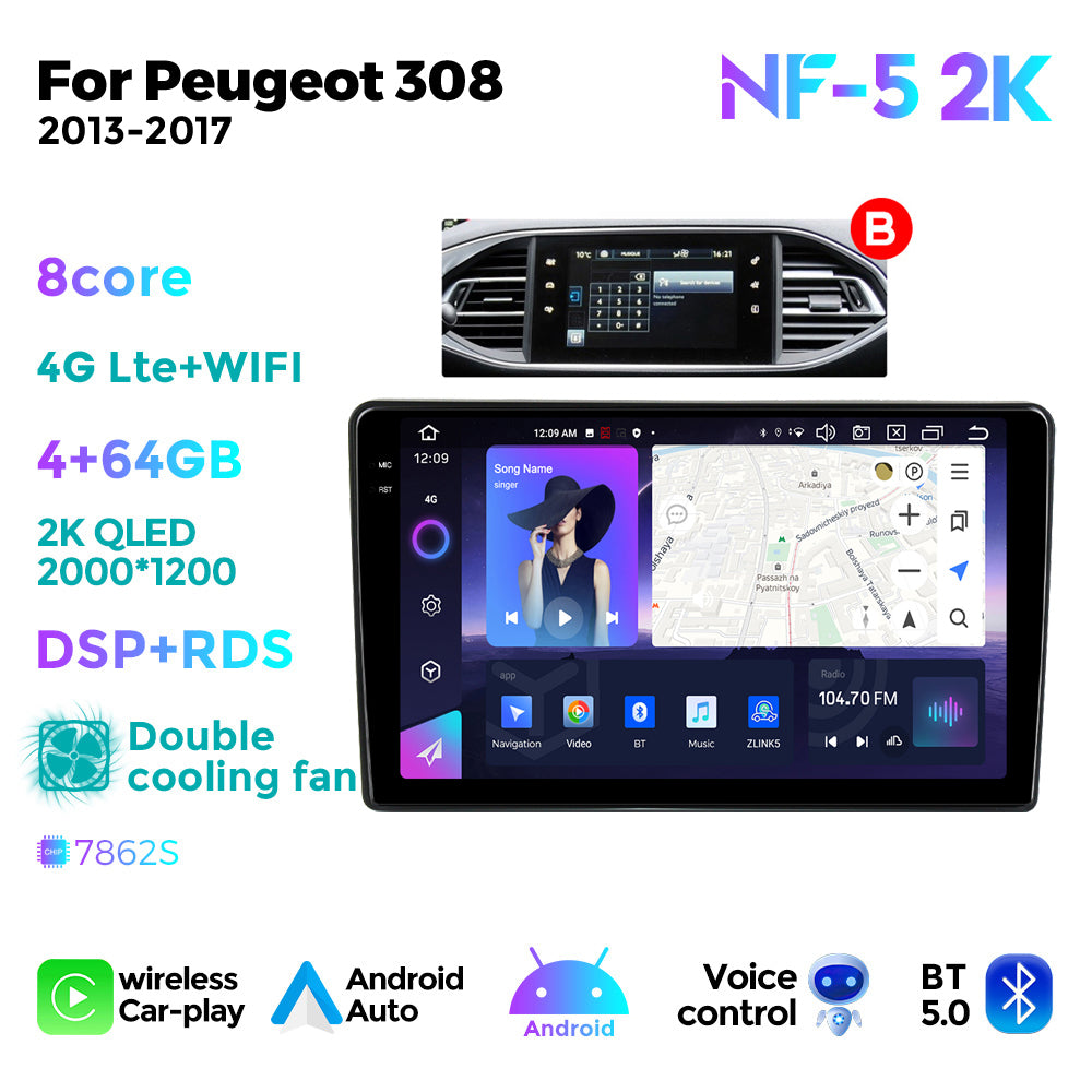NaviFly NF Series Android 14 8G+256G 2K QLED screen CarPlay Auto DSP RDS 4GLte WIFI For Peugeot 308 2013-2017-AB 9inch