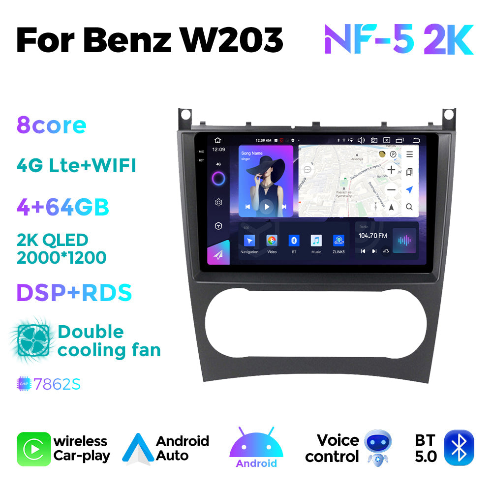 NaviFly NF Series Android 14 8G+256G 2K QLED screen CarPlay Auto DSP RDS 4GLte WIFI For Mercedes Benz W203 9.5Inch