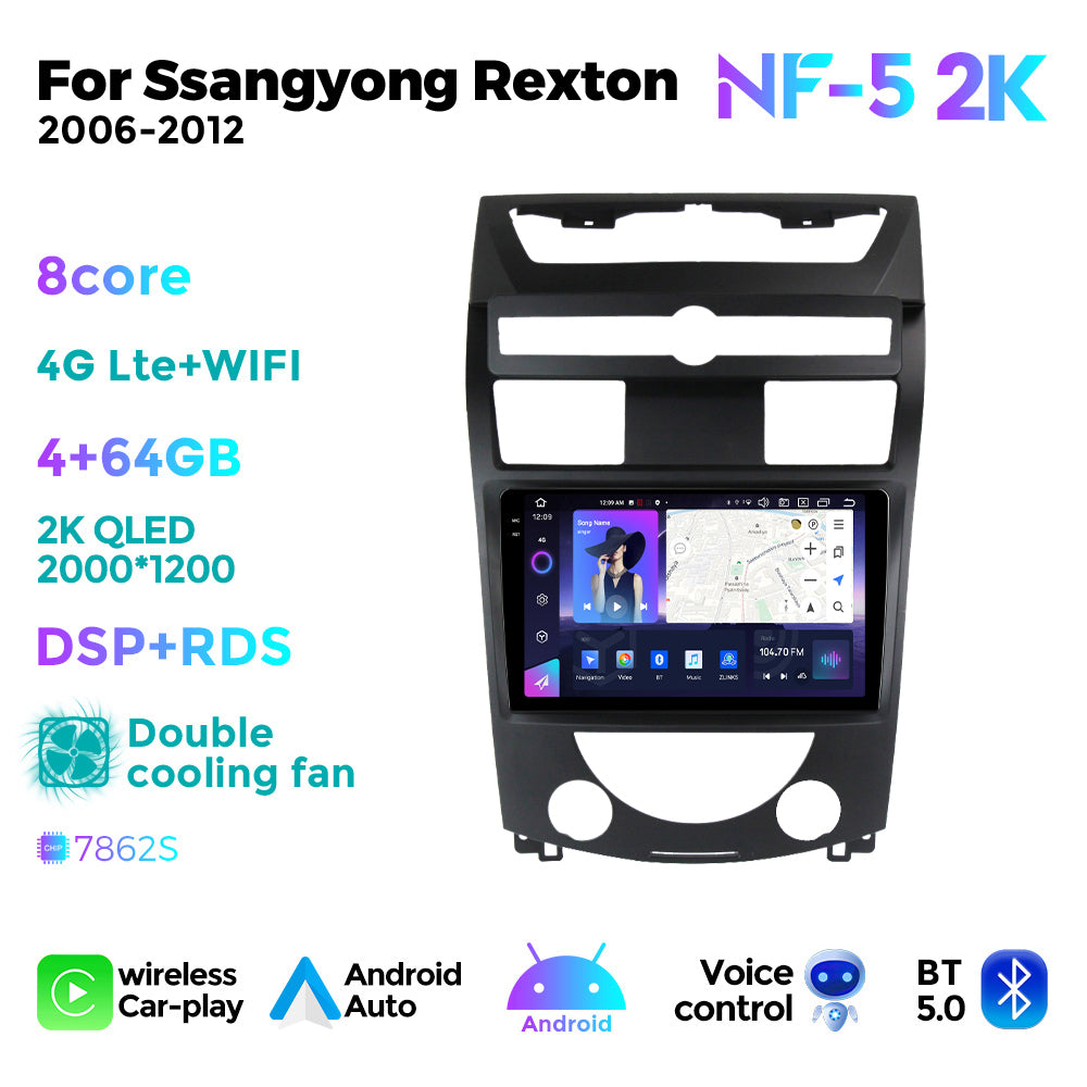 NaviFly NF Series Android 14 8G+256G 2K QLED screen CarPlay Auto DSP RDS 4GLte WIFI For Ssangyong Rexton 2006-2012 10inch