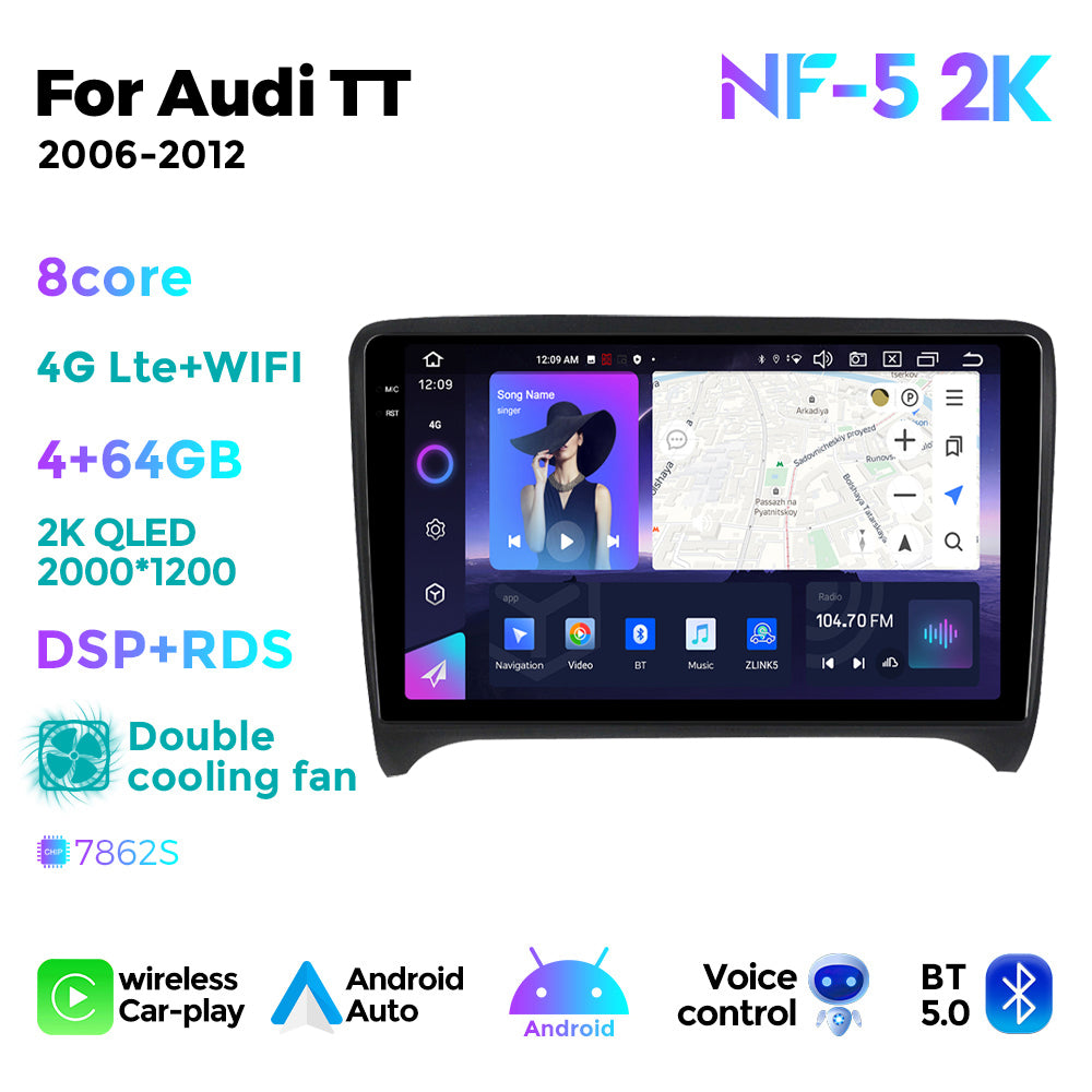 NaviFly NF Series Android 14 8G+256G 2K QLED screen CarPlay Auto DSP RDS 4GLte WIFI For Audi TT 2006-2012 9inch