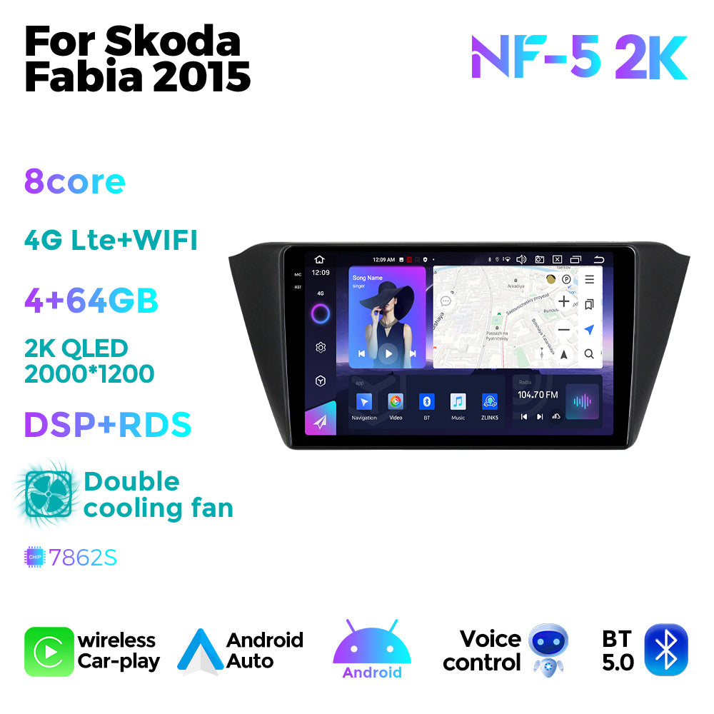 NaviFly NF Series Android 14 8G+256G 2K QLED screen CarPlay Auto DSP RDS 4GLte WIFI For Skoda Fabia 2015 10inch