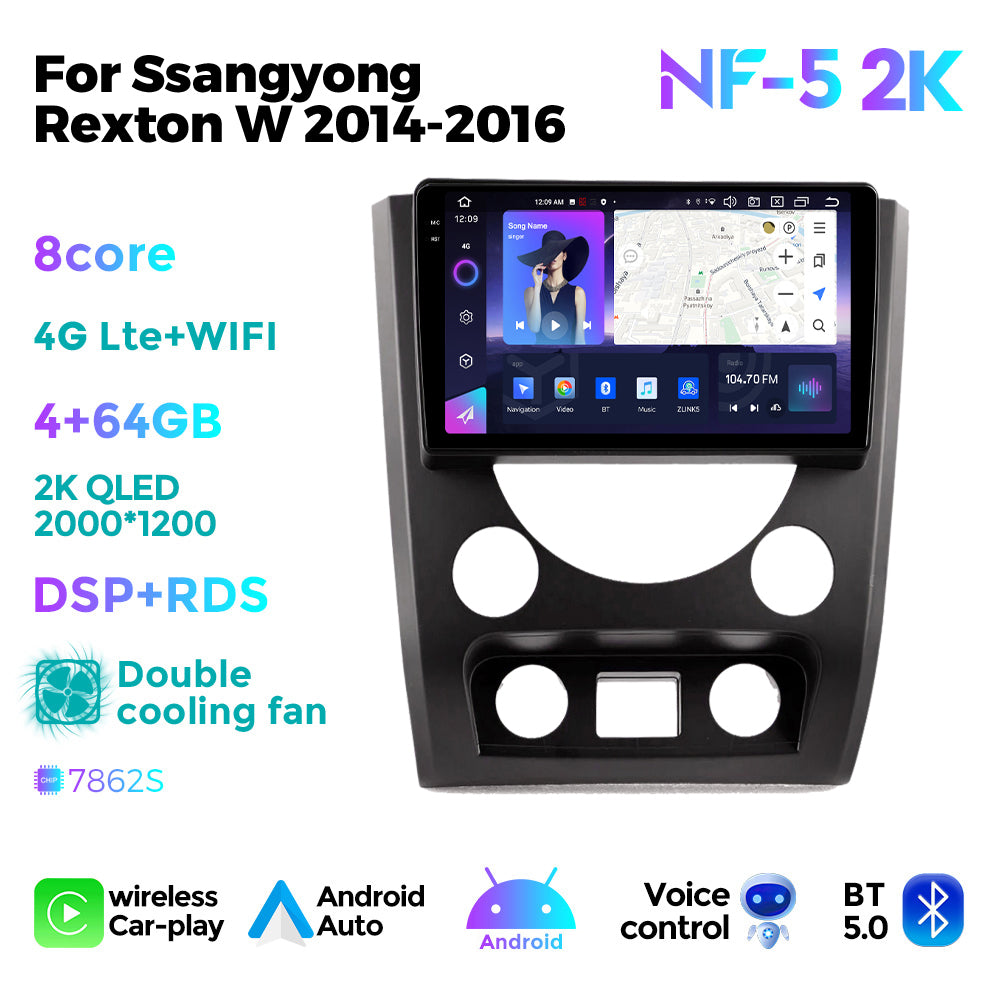 NaviFly NF Series Android 14 8G+256G 2K QLED screen CarPlay Auto DSP RDS 4GLte WIFI For Ssangyong Rexton W 2014-2016 9inch