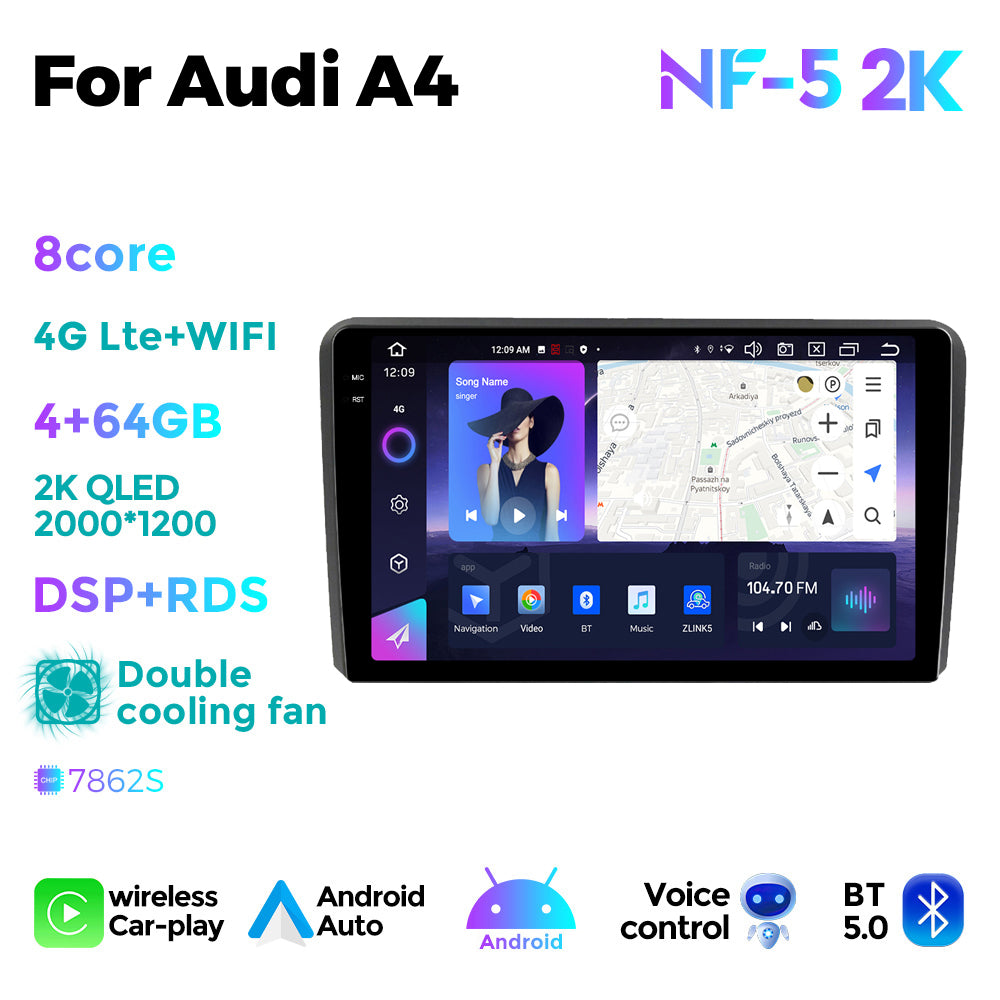 NaviFly NF Series Android 14 8G+256G 2K QLED screen CarPlay Auto DSP RDS 4GLte WIFI For Audi A4 9inch