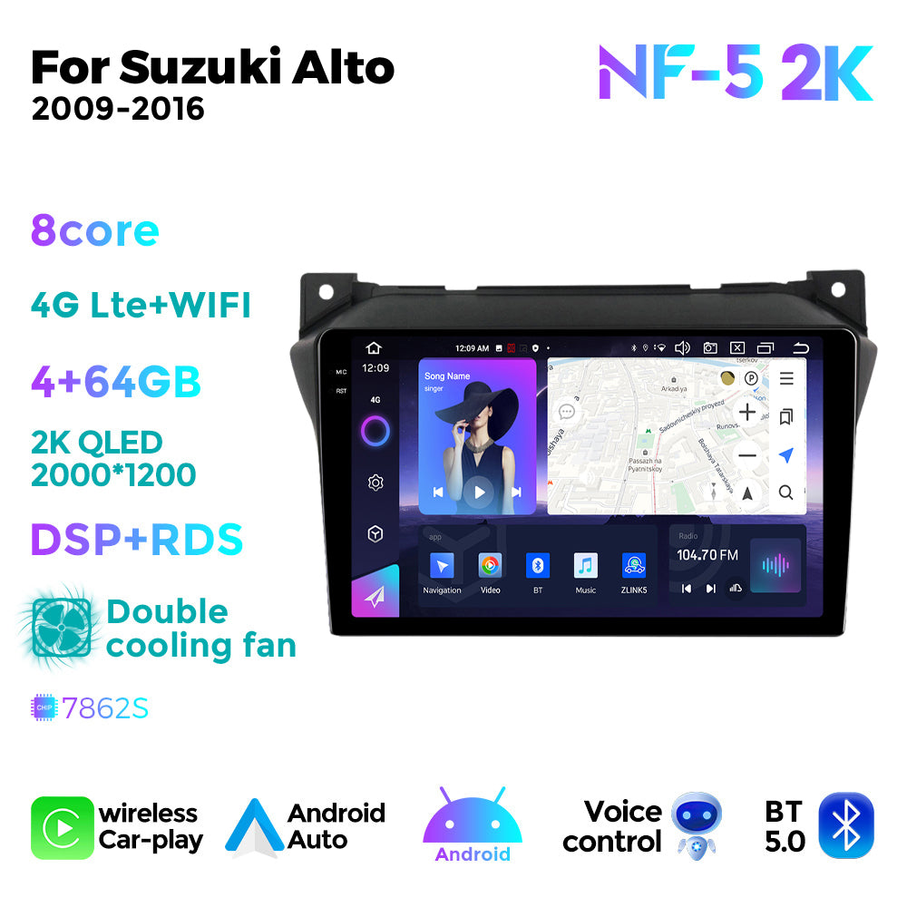 NaviFly NF Series Android 14 8G+256G 2K QLED screen CarPlay Auto DSP RDS 4GLte WIFI For Suzuki Alto 2009-2016 9inch
