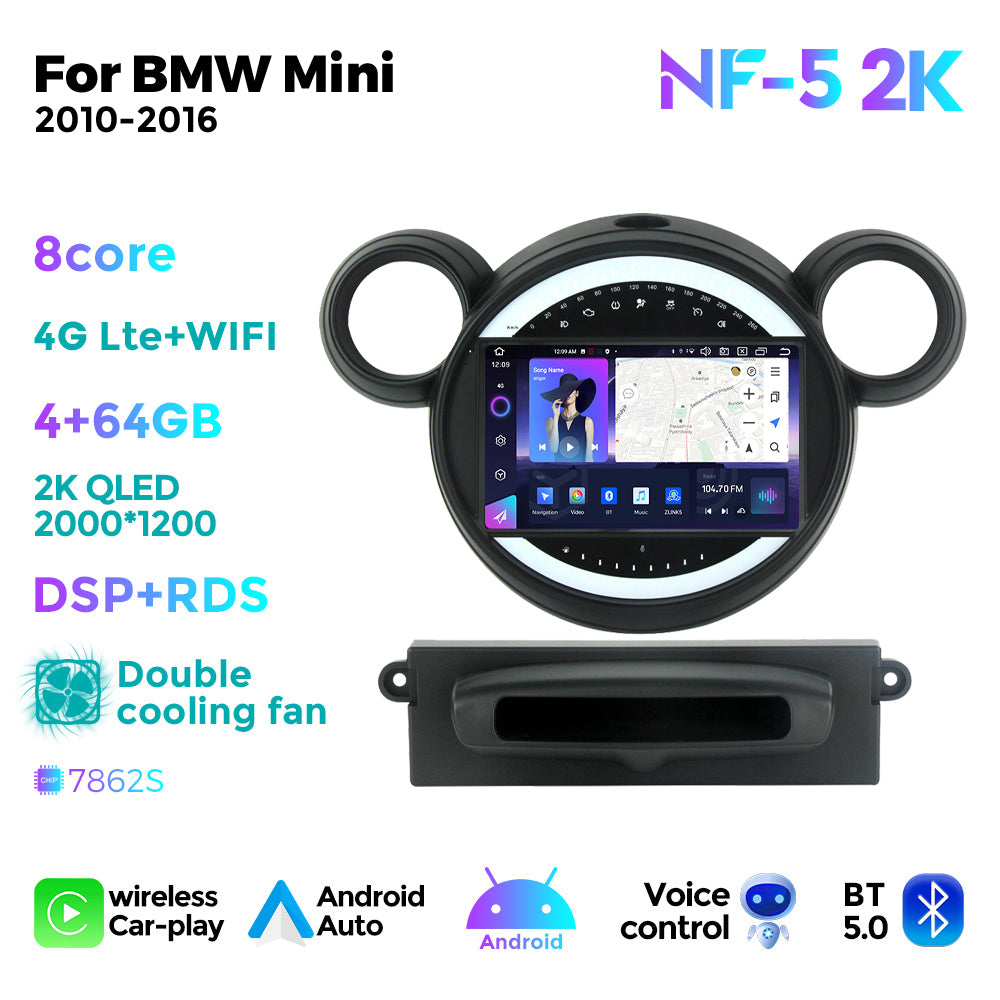 NaviFly NF Series Android 14 8G+256G 2K QLED screen CarPlay Auto DSP RDS 4GLte WIFI For BMW Mini 2010-2016 9inch