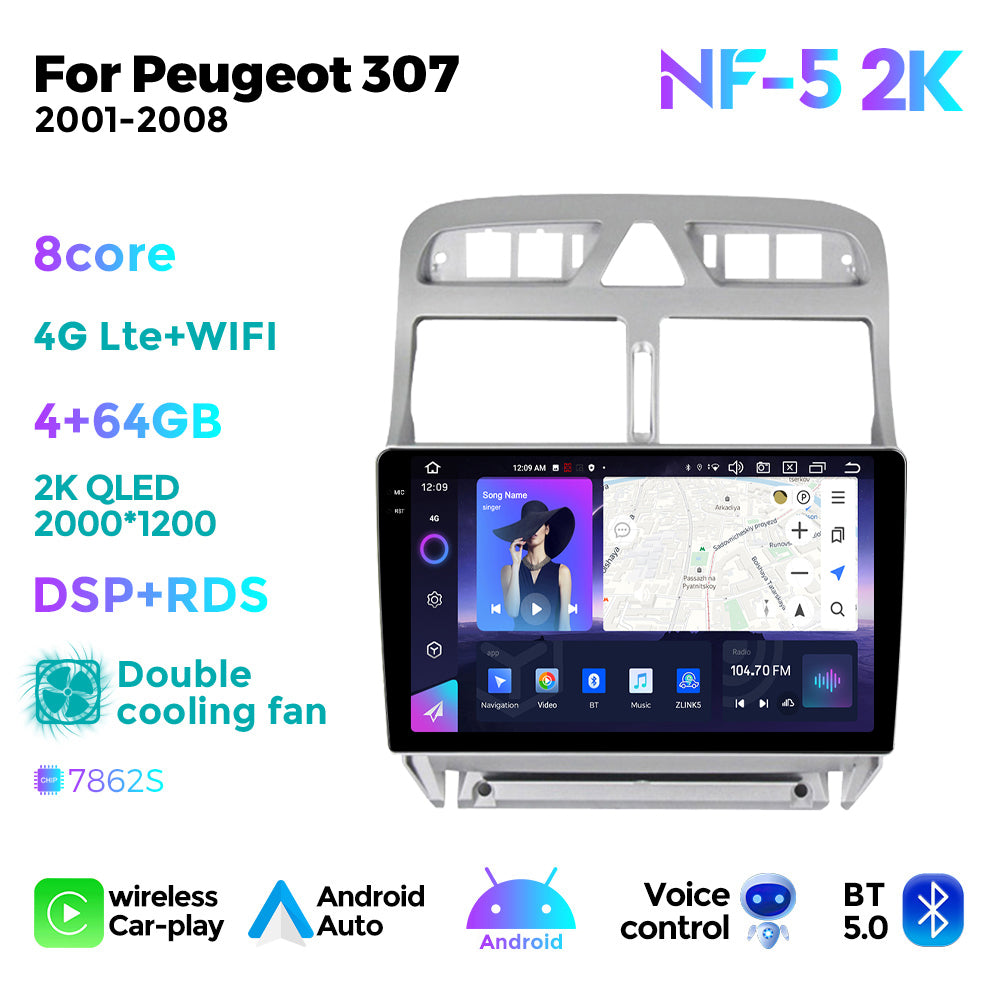 NaviFly NF Series Android 14 8G+256G 2K QLED screen CarPlay Auto DSP RDS 4GLte WIFI For Peugeot 307 2001-2008 9inch