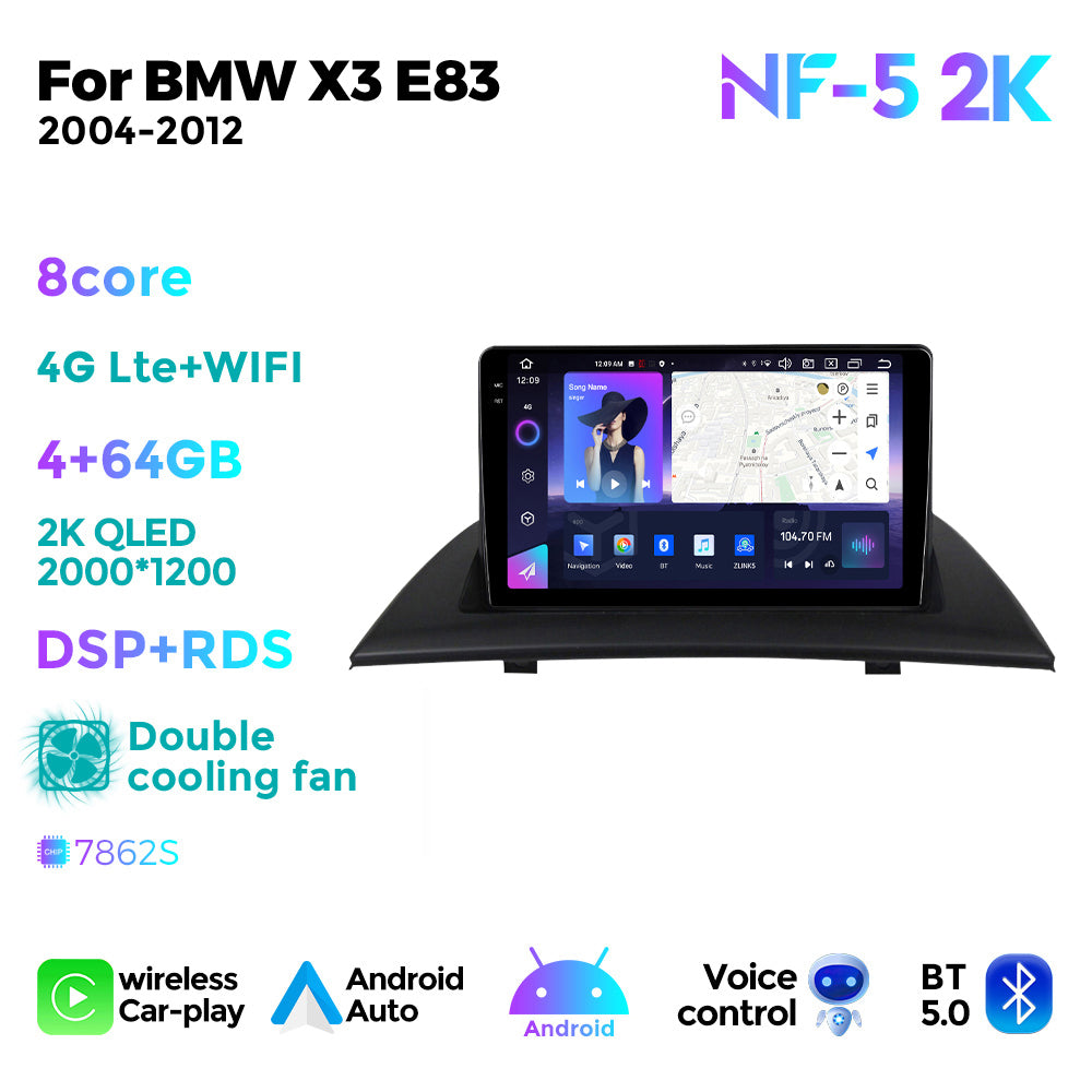 NaviFly NF Series Android 14 8G+256G 2K QLED screen CarPlay Auto DSP RDS 4GLte WIFI For BMW X3 E83 2004-2012 9inch