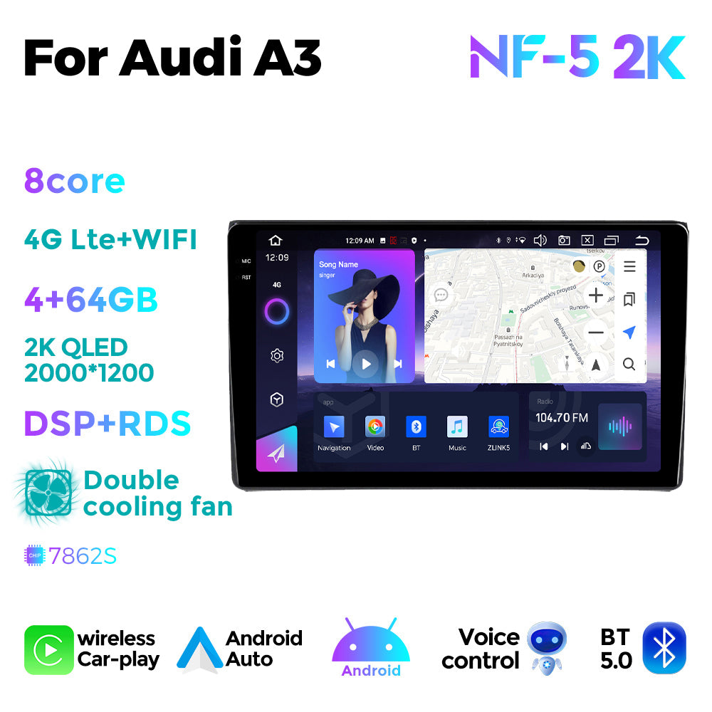 NaviFly NF Series Android 14 8G+256G 2K QLED screen CarPlay Auto DSP RDS 4GLte WIFI For Audi A3 9inch