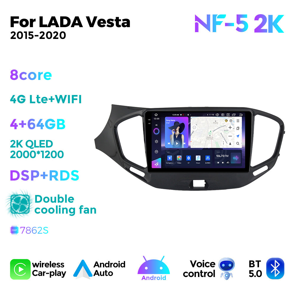 NaviFly NF Series Android 14 8G+256G 2K QLED screen CarPlay Auto DSP RDS 4GLte WIFI For LADA Vesta 2015-2020 9inch