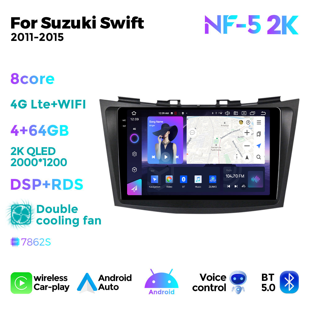 NaviFly NF Series Android 14 8G+256G 2K QLED screen CarPlay Auto DSP RDS 4GLte WIFI For Suzuki Swift 2011-2015 9inch
