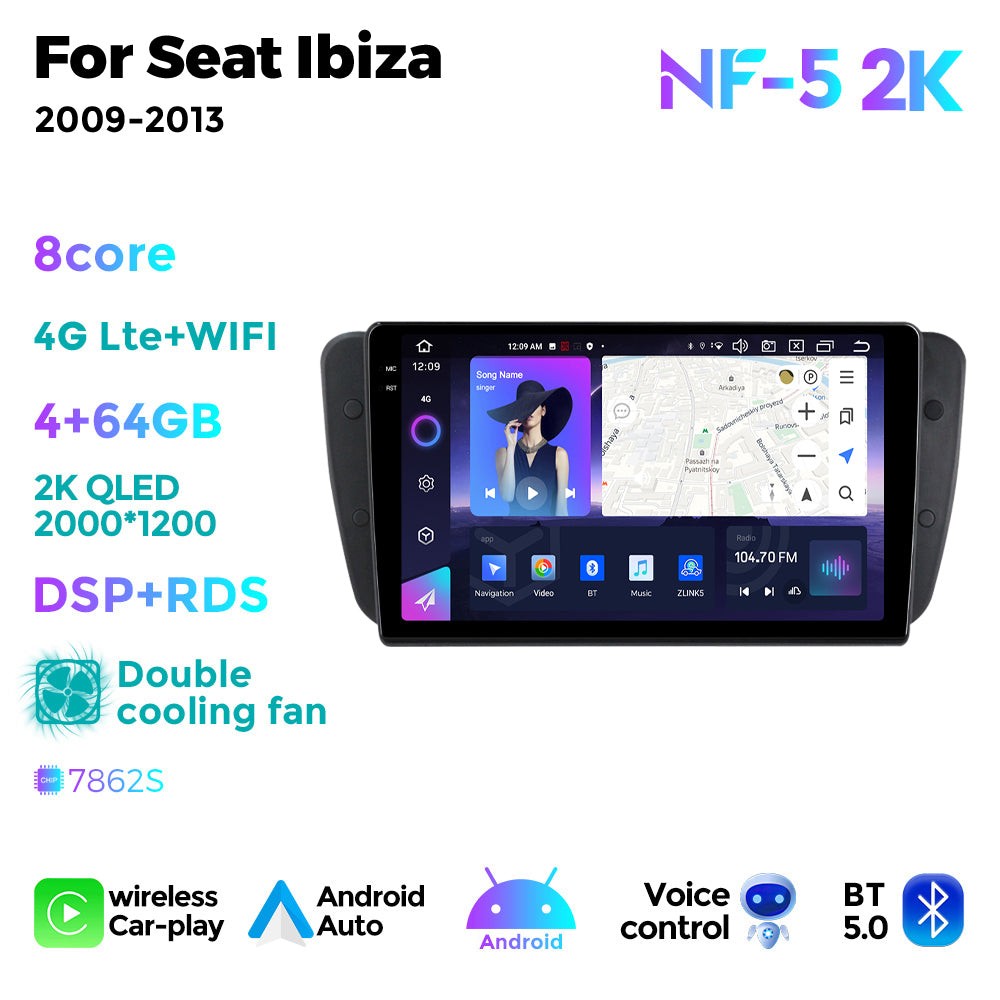 NaviFly NF Series Android 14 8G+256G 2K QLED screen CarPlay Auto DSP RDS 4GLte WIFI For Seat Ibiza 2009-2013 9inch