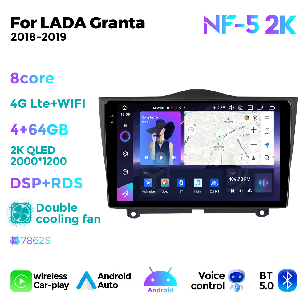 NaviFly NF Series Android 14 8G+256G 2K QLED screen CarPlay Auto DSP RDS 4GLte WIFI For LADA Granta 2018-2019 9inch
