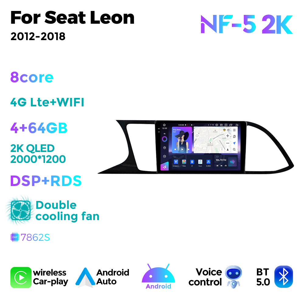 NaviFly NF Series Android 14 8G+256G 2K QLED screen CarPlay Auto DSP RDS 4GLte WIFI For Seat Leon 2012-2018 9inch
