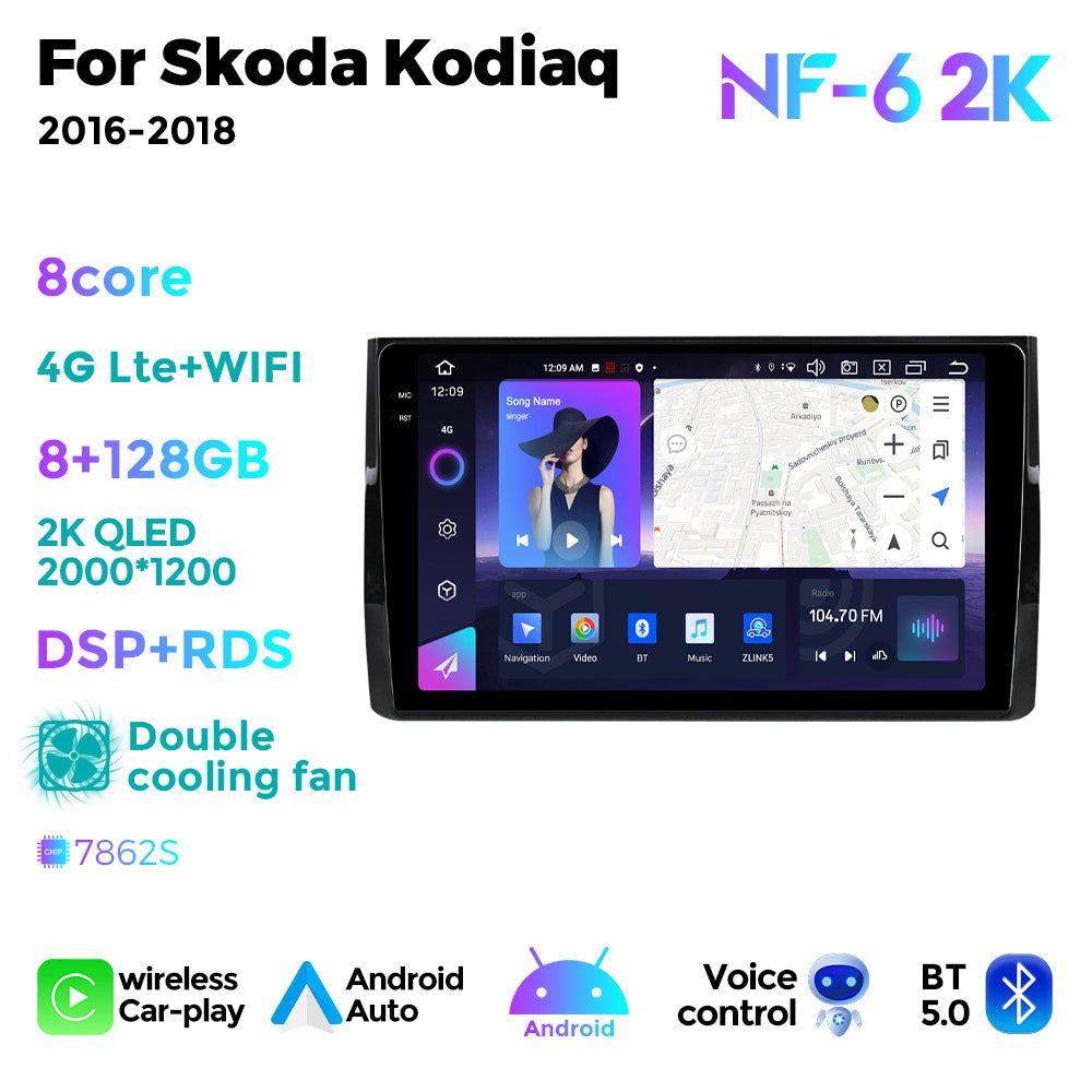 NaviFly NF Series Android 14 8G+256G 2K QLED screen CarPlay Auto DSP RDS 4GLte WIFI For Skoda Kodiaq 2016-2018 10inch