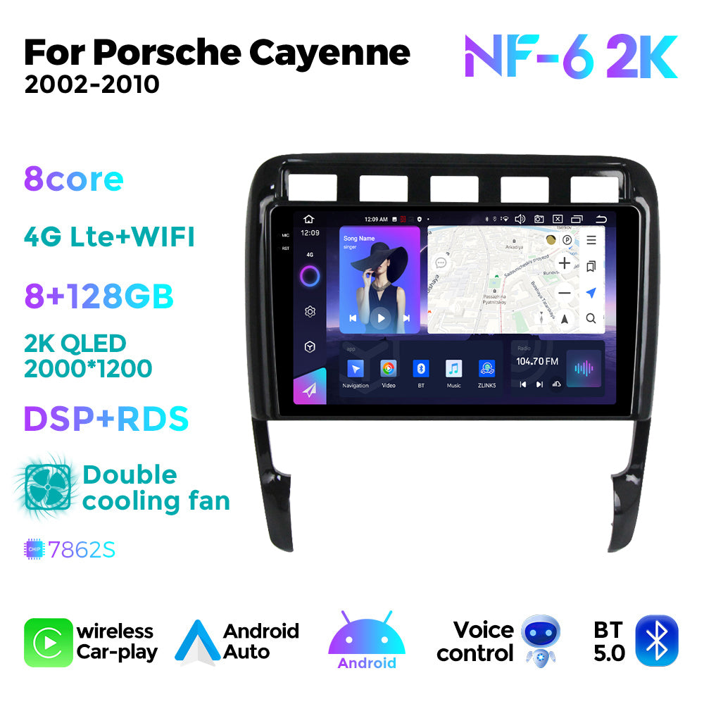 NaviFly NF Series Android 14 8G+256G 2K QLED screen CarPlay Auto DSP RDS 4GLte WIFI For Porsche Cayenne 2002-2010 9inch