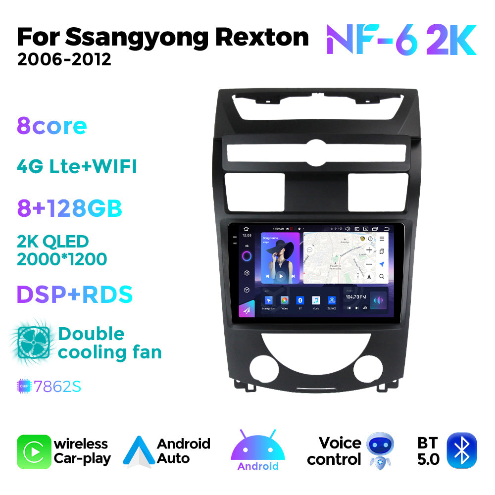 NaviFly NF Series Android 14 8G+256G 2K QLED screen CarPlay Auto DSP RDS 4GLte WIFI For Ssangyong Rexton 2006-2012 10inch