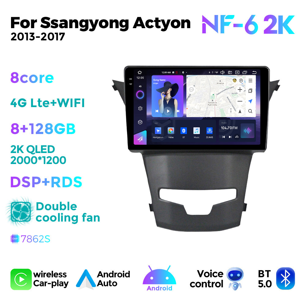 NaviFly NF Series Android 14 8G+256G 2K QLED screen CarPlay Auto DSP RDS 4GLte WIFI For Ssangyong Actyon 2013-2017 9inch