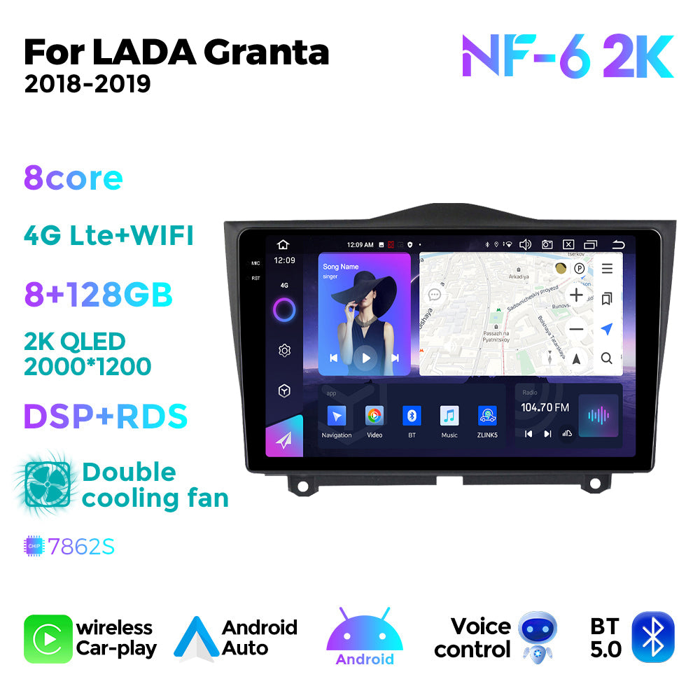 NaviFly NF Series Android 14 8G+256G 2K QLED screen CarPlay Auto DSP RDS 4GLte WIFI For LADA Granta 2018-2019 9inch