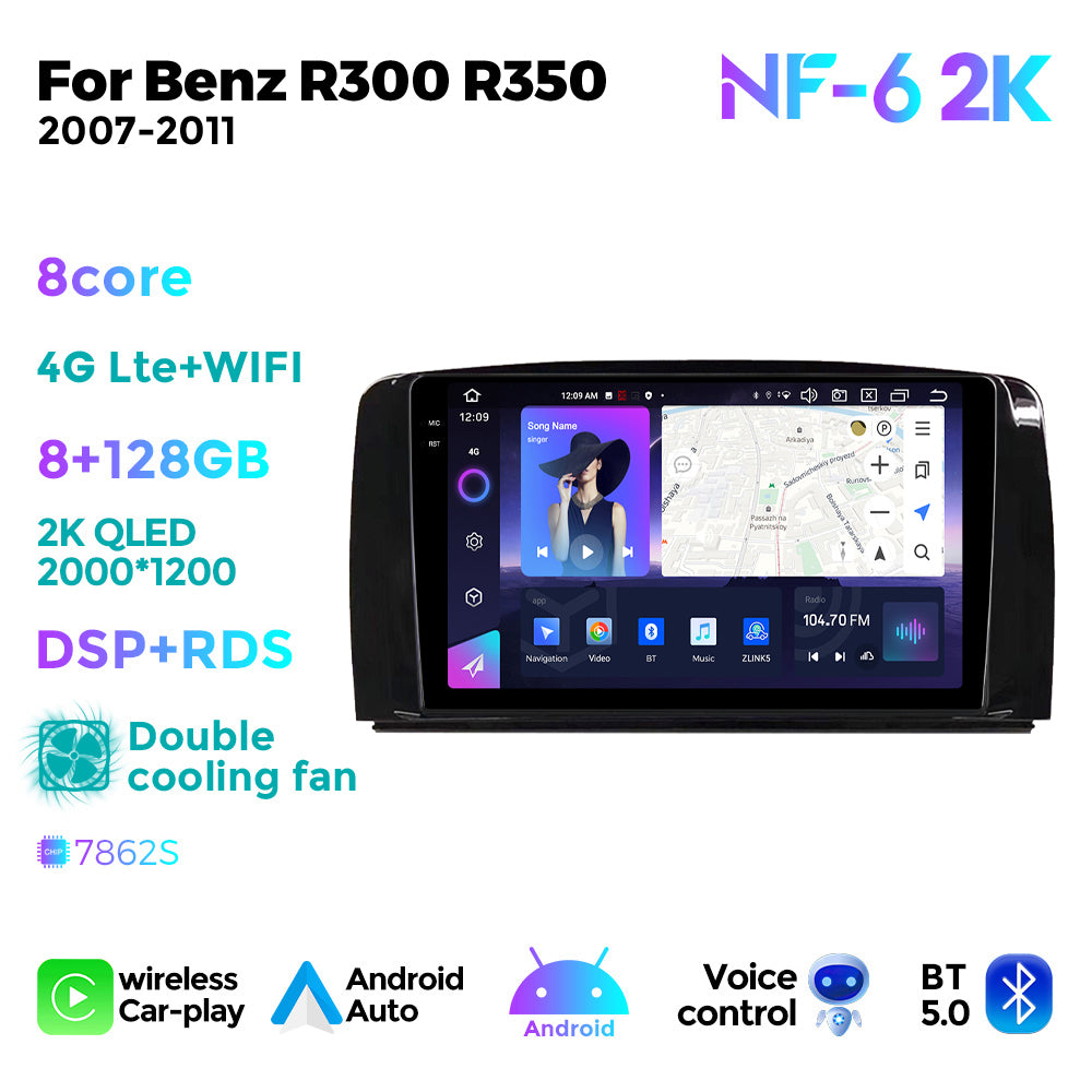 NaviFly NF Series Android 14 8G+256G 2K QLED screen CarPlay Auto DSP RDS 4GLte WIFI For Mercedes Benz R300 R350 2007-2011 9.5Inch