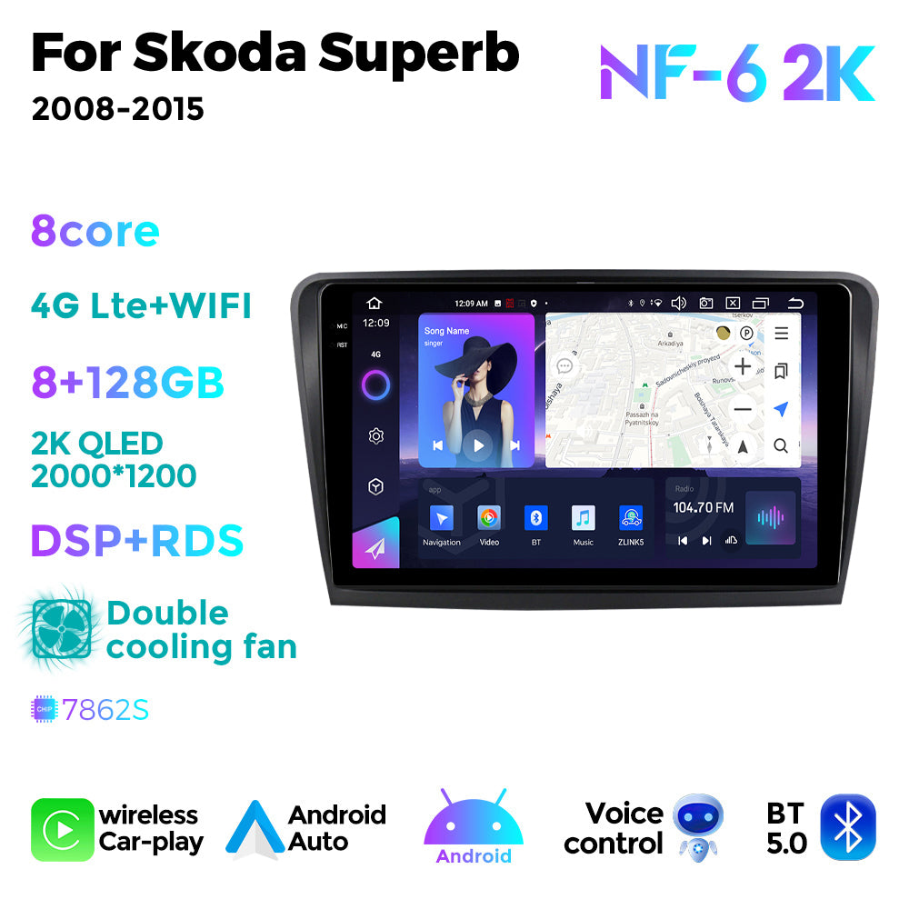 NaviFly NF Series Android 14 8G+256G 2K QLED screen CarPlay Auto DSP RDS 4GLte WIFI For Skoda Superb 2008-2015 10inch