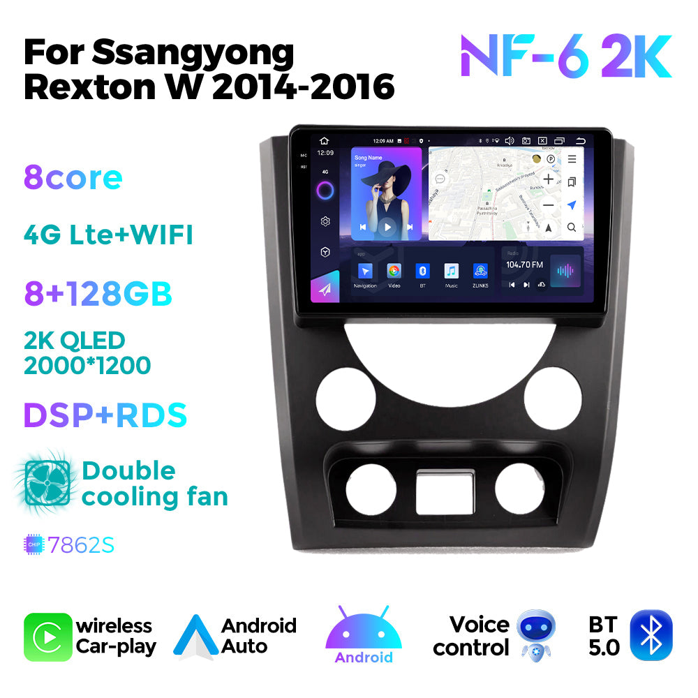NaviFly NF Series Android 14 8G+256G 2K QLED screen CarPlay Auto DSP RDS 4GLte WIFI For Ssangyong Rexton W 2014-2016 9inch