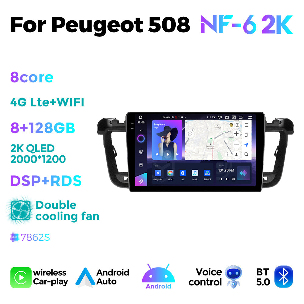 NaviFly NF Series Android 14 8G+256G 2K QLED screen CarPlay Auto DSP RDS 4GLte WIFI For Peugeot 508 9inch