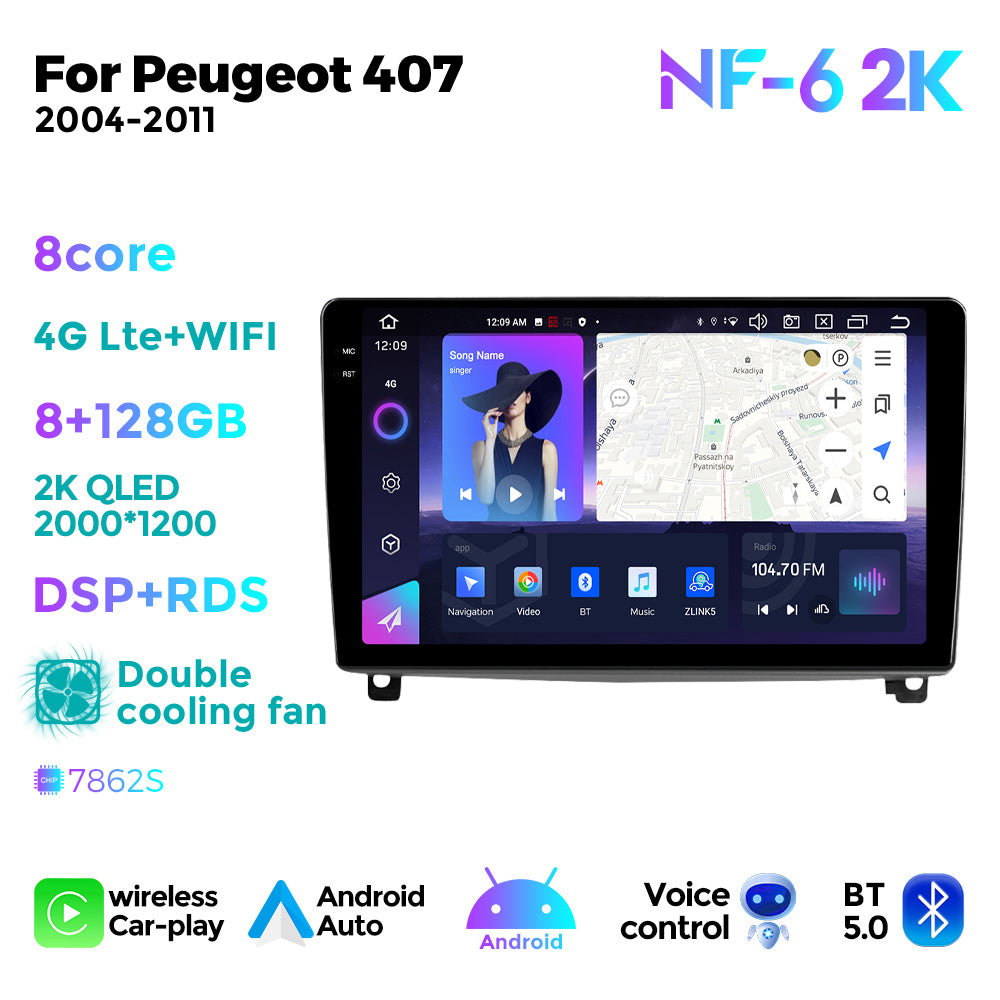 NaviFly NF Series Android 14 8G+256G 2K QLED screen CarPlay Auto DSP RDS 4GLte WIFI For Peugeot 407 2004-2011 9inch