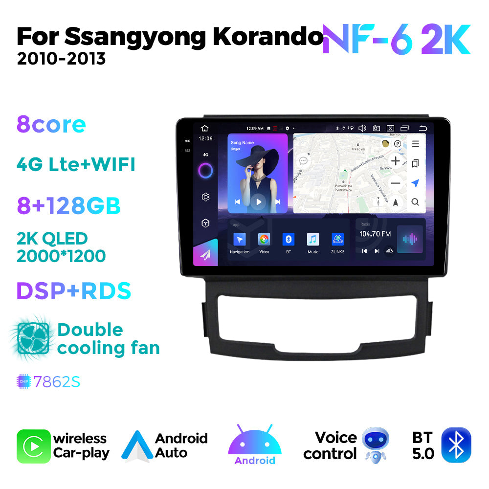 NaviFly NF Series Android 14 8G+256G 2K QLED screen CarPlay Auto DSP RDS 4GLte WIFI For Ssangyong Korando 2010-2013 9inch