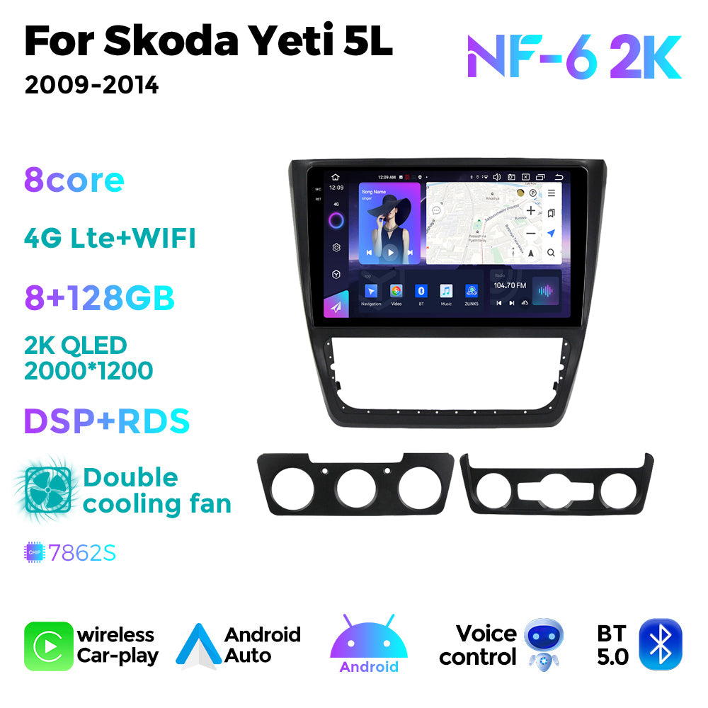 NaviFly NF Series Android 14 8G+256G 2K QLED screen CarPlay Auto DSP RDS 4GLte WIFI For Skoda Yeti 5L 2009-2014 10inch