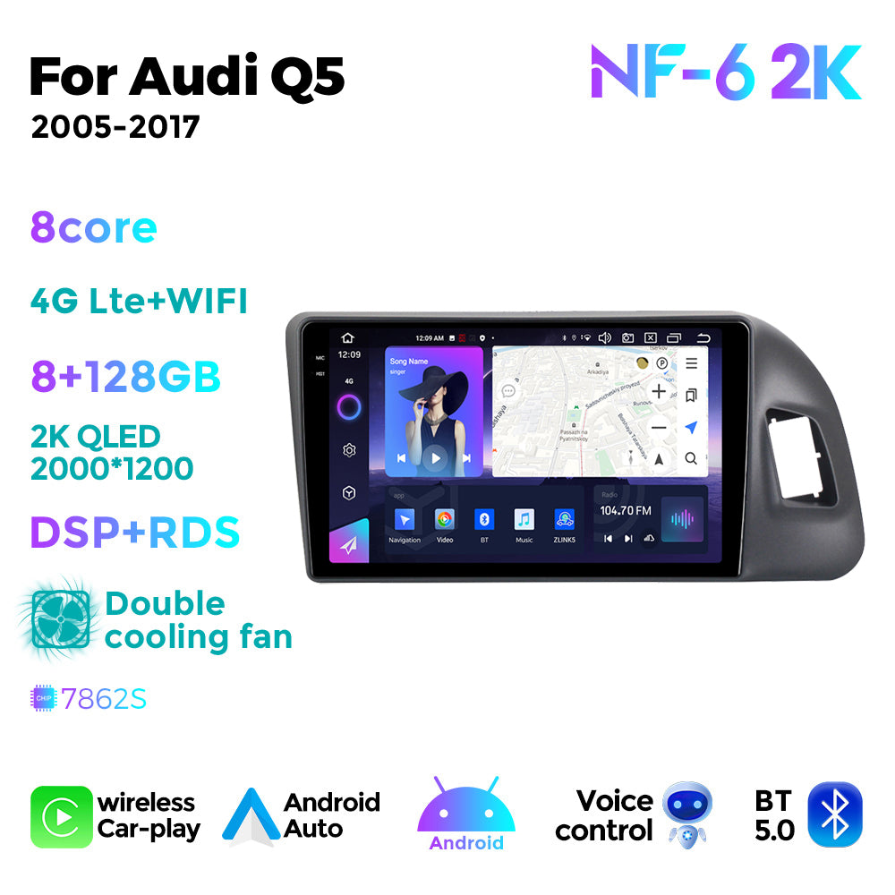 NaviFly NF Series Android 14 8G+256G 2K QLED screen CarPlay Auto DSP RDS 4GLte WIFI For Audi Q5 2005-2017 9inch