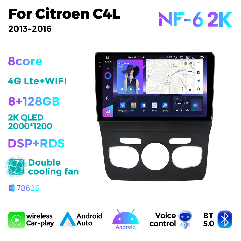 NaviFly NF Series Android 14 8G+256G 2K QLED screen CarPlay Auto DSP RDS 4GLte WIFI For Citroen C4L 2013-2016 10inch