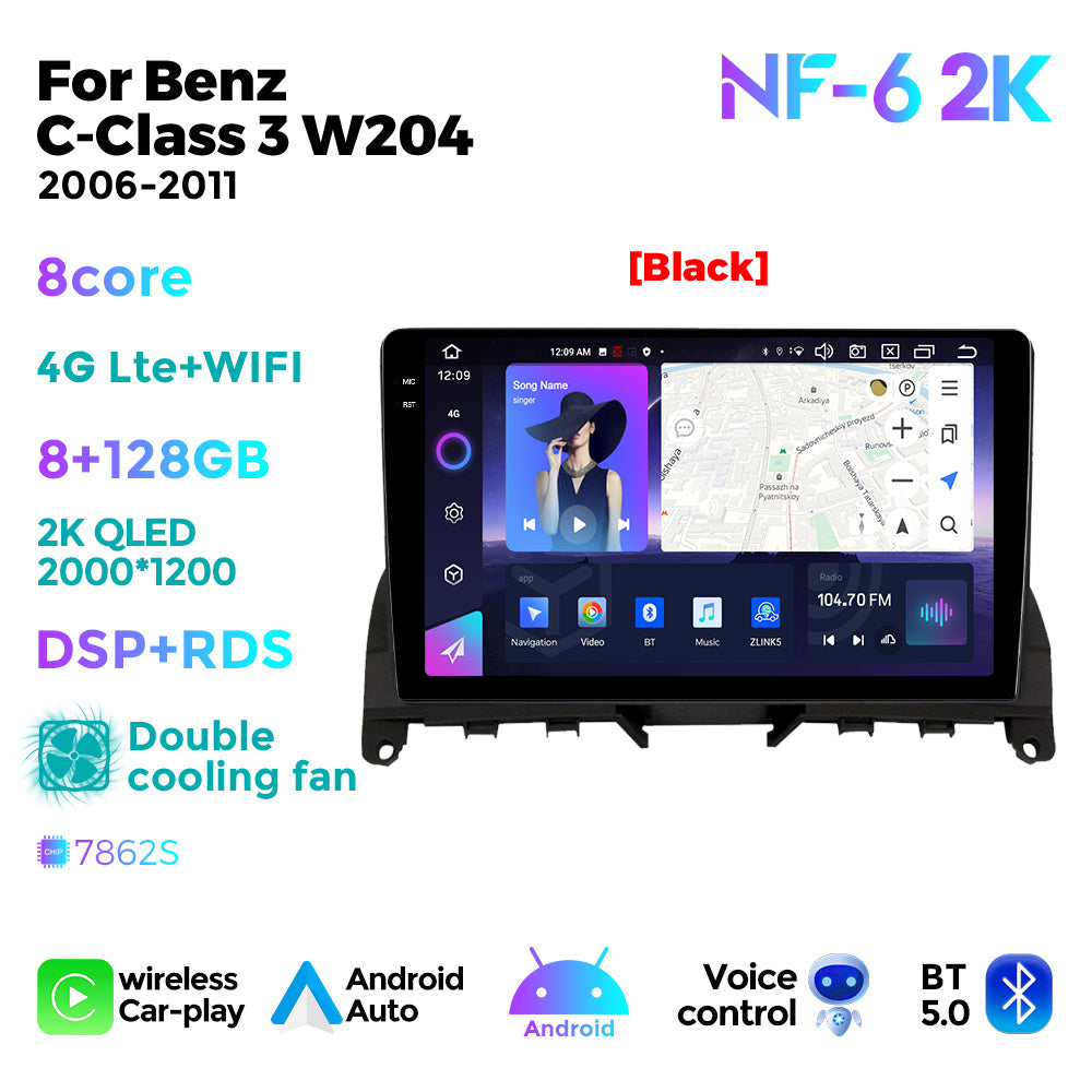 NaviFly NF Series Android 14 8G+256G 2K QLED screen CarPlay Auto DSP RDS 4GLte WIFI For Mercedes Benz C-Class 3 W204 2006-2011 9.5Inch