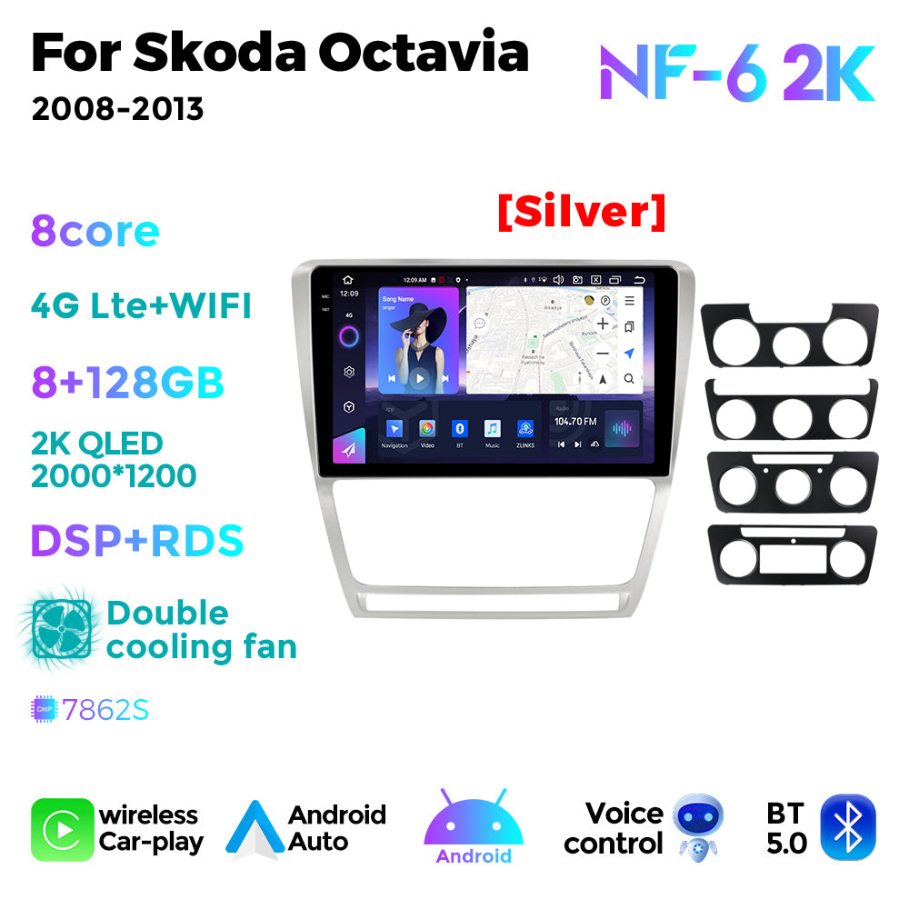 NaviFly NF Series Android 14 8G+256G 2K QLED screen CarPlay Auto DSP RDS 4GLte WIFI For Skoda Octavia 2008-2013 10inch Silver Black