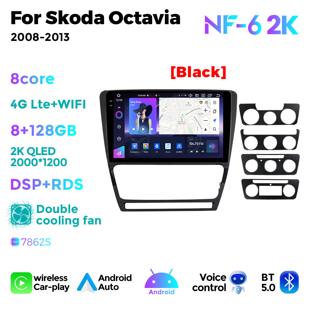 NaviFly NF Series Android 14 8G+256G 2K QLED screen CarPlay Auto DSP RDS 4GLte WIFI For Skoda Octavia 2008-2013 10inch Silver Black