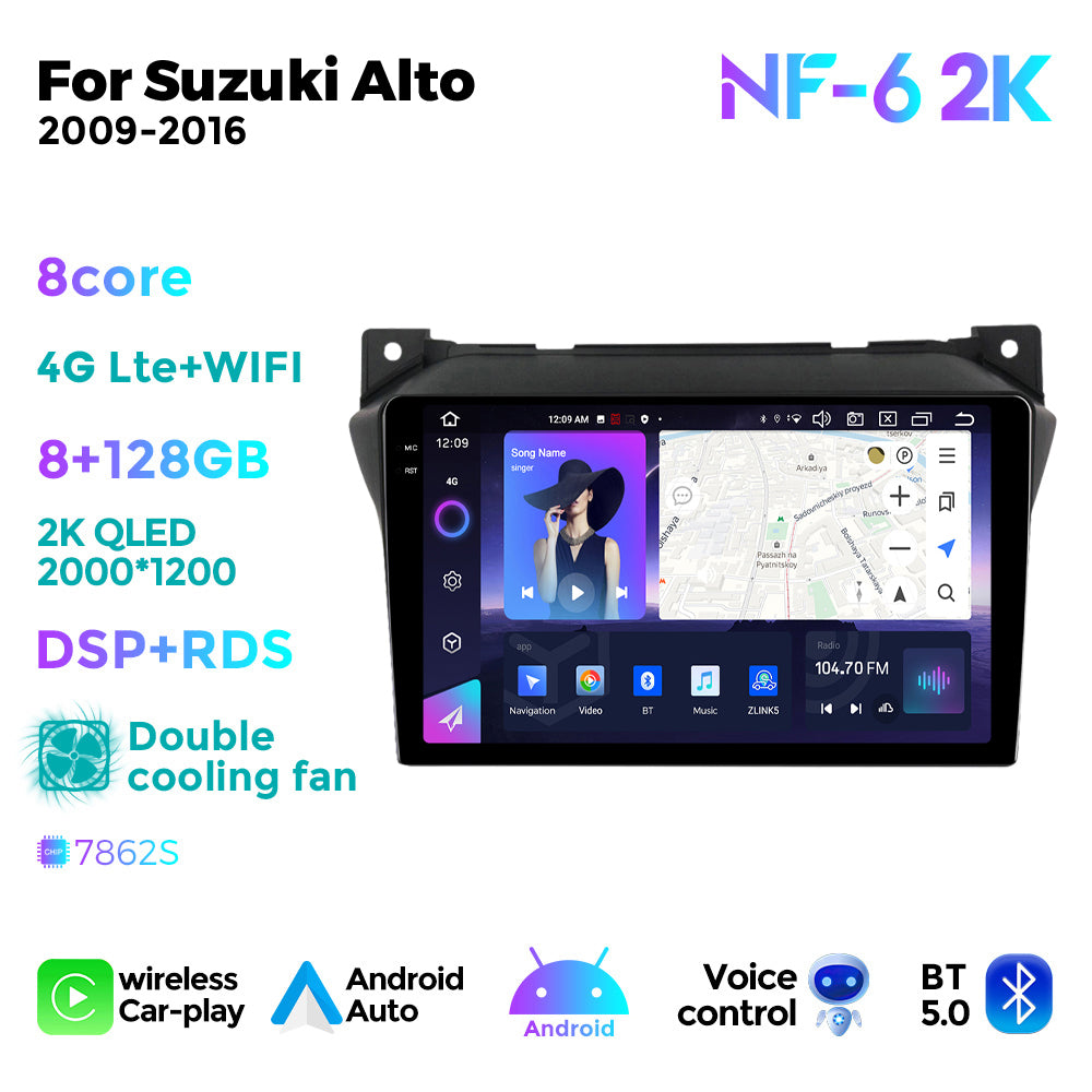 NaviFly NF Series Android 14 8G+256G 2K QLED screen CarPlay Auto DSP RDS 4GLte WIFI For Suzuki Alto 2009-2016 9inch
