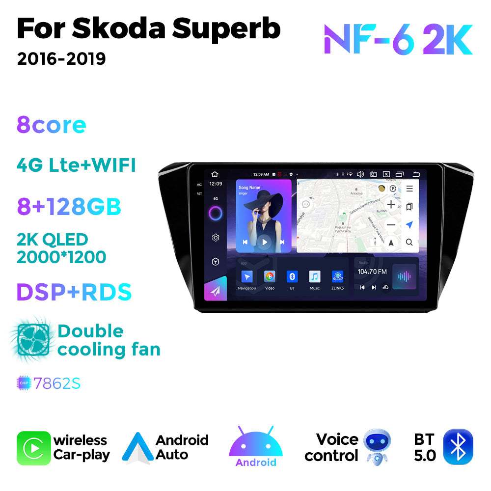 NaviFly NF Series Android 14 8G+256G 2K QLED screen CarPlay Auto DSP RDS 4GLte WIFI For Skoda Superb 2016-2019 10inch