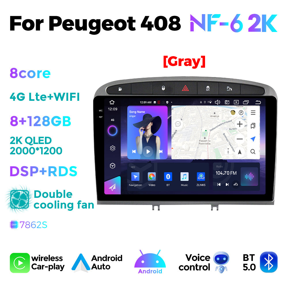 NaviFly NF Series Android 14 8G+256G 2K QLED screen CarPlay Auto DSP RDS 4GLte WIFI For Peugeot 408 9inch Gray Black