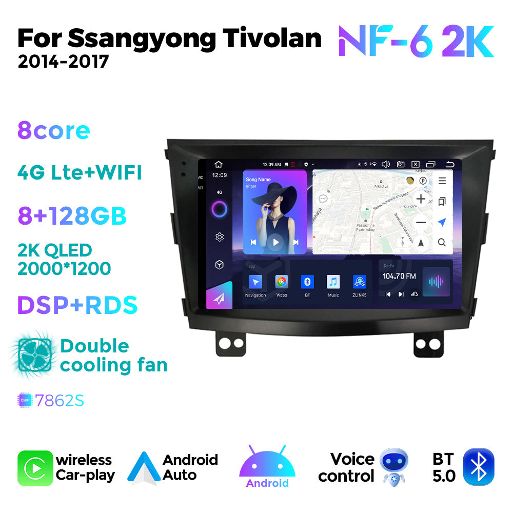 NaviFly NF Series Android 14 8G+256G 2K QLED screen CarPlay Auto DSP RDS 4GLte WIFI For Ssangyong Tivolan 2014-2017 9inch