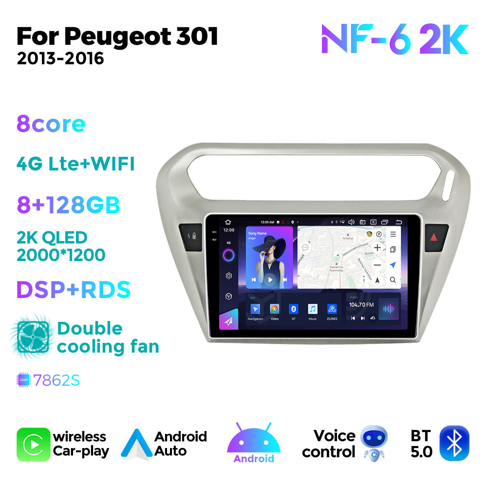 NaviFly NF Series Android 14 8G+256G 2K QLED screen CarPlay Auto DSP RDS 4GLte WIFI For Peugeot 301 2013-2016 9inch