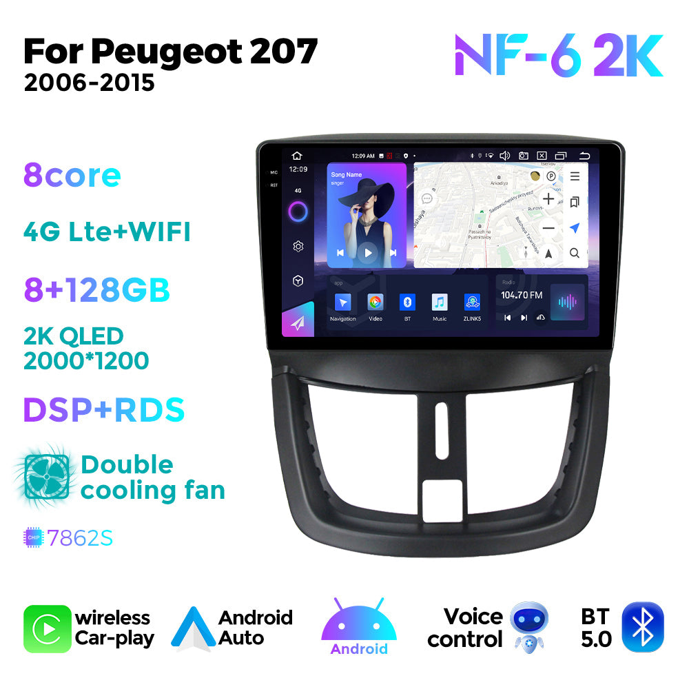NaviFly NF Series Android 14 8G+256G 2K QLED screen CarPlay Auto DSP RDS 4GLte WIFI For Peugeot 207 2006-2015 9inch