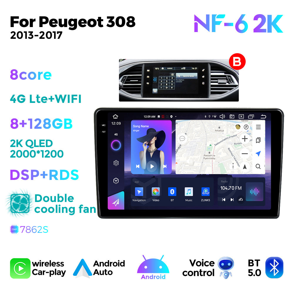 NaviFly NF Series Android 14 8G+256G 2K QLED screen CarPlay Auto DSP RDS 4GLte WIFI For Peugeot 308 2013-2017-AB 9inch