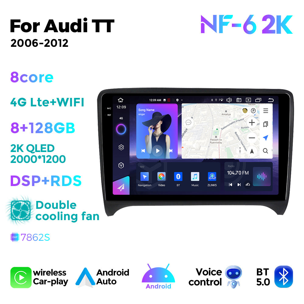 NaviFly NF Series Android 14 8G+256G 2K QLED screen CarPlay Auto DSP RDS 4GLte WIFI For Audi TT 2006-2012 9inch