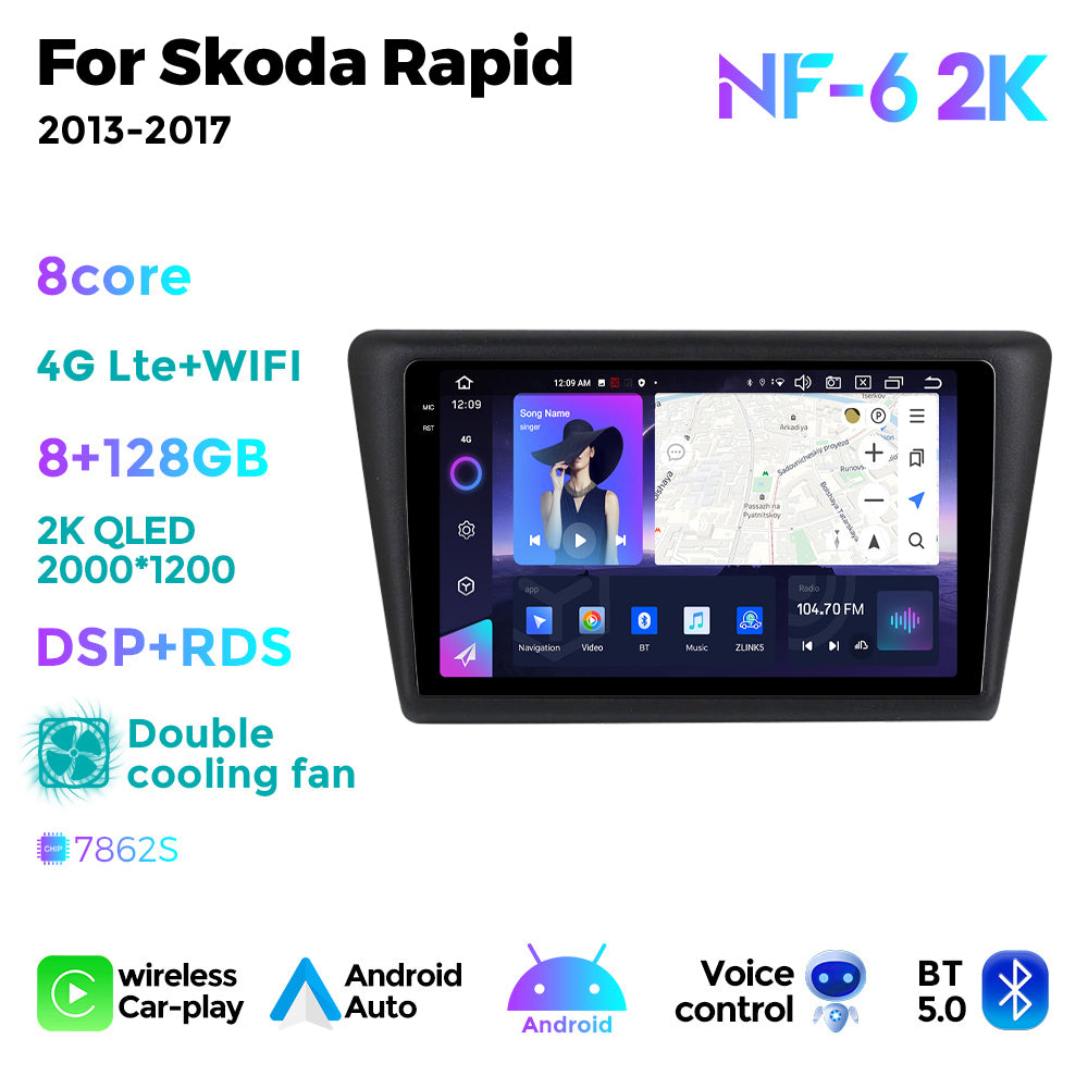NaviFly NF Series Android 14 8G+256G 2K QLED screen CarPlay Auto DSP RDS 4GLte WIFI For Skoda Rapid 2013-2017 9inch