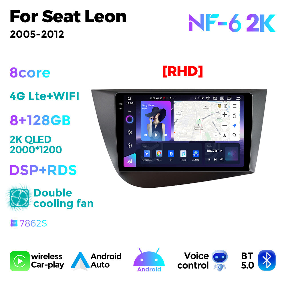 NaviFly NF Series Android 14 8G+256G 2K QLED screen CarPlay Auto DSP RDS 4GLte WIFI For Seat Leon 2005-2012 9inch
