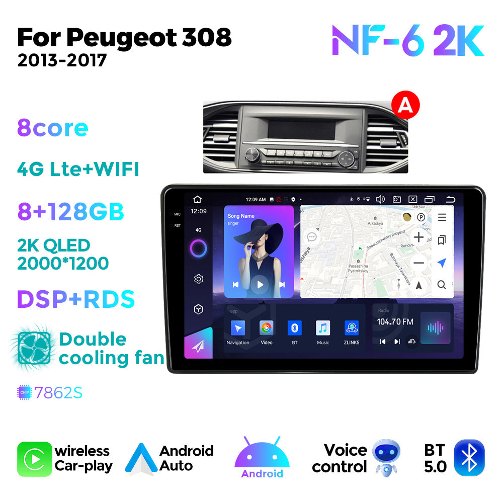 NaviFly NF Series Android 14 8G+256G 2K QLED screen CarPlay Auto DSP RDS 4GLte WIFI For Peugeot 308 2013-2017-AB 9inch