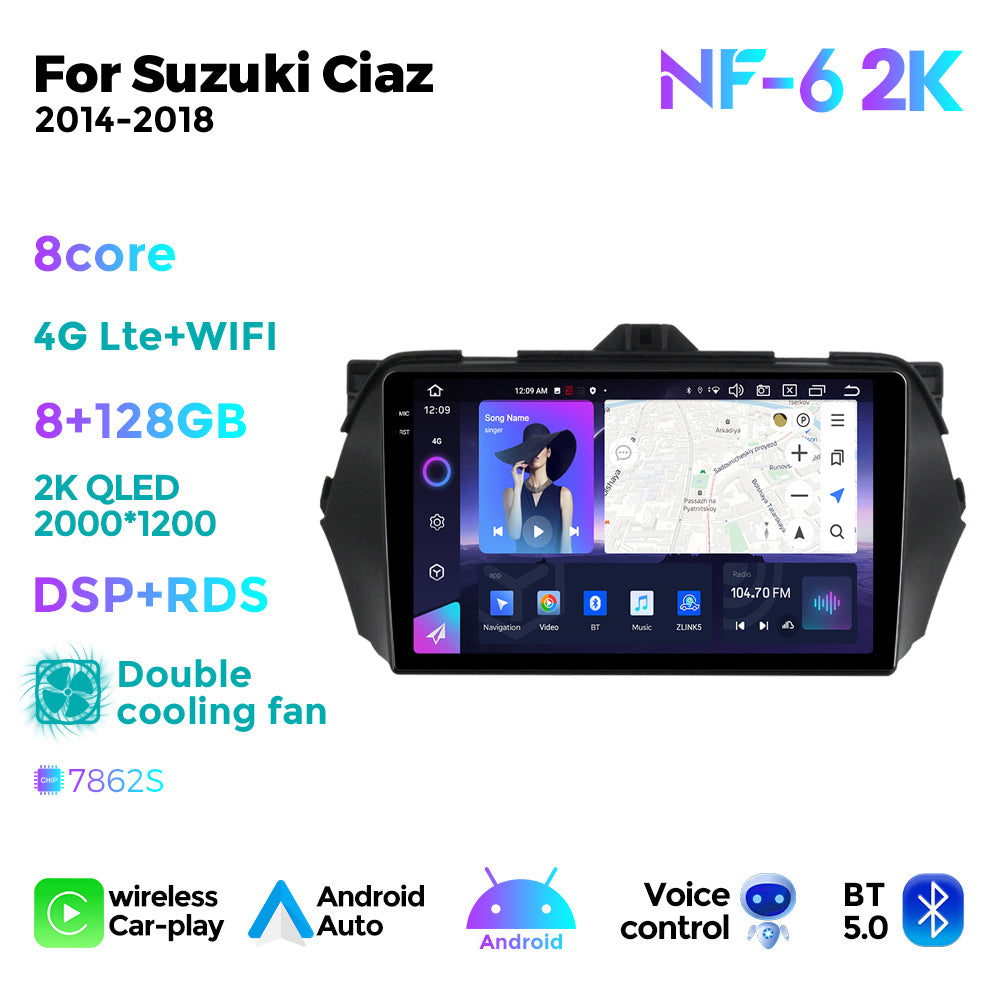 NaviFly NF Series Android 14 8G+256G 2K QLED screen CarPlay Auto DSP RDS 4GLte WIFI For Suzuki Ciaz 2014-2018 9inch